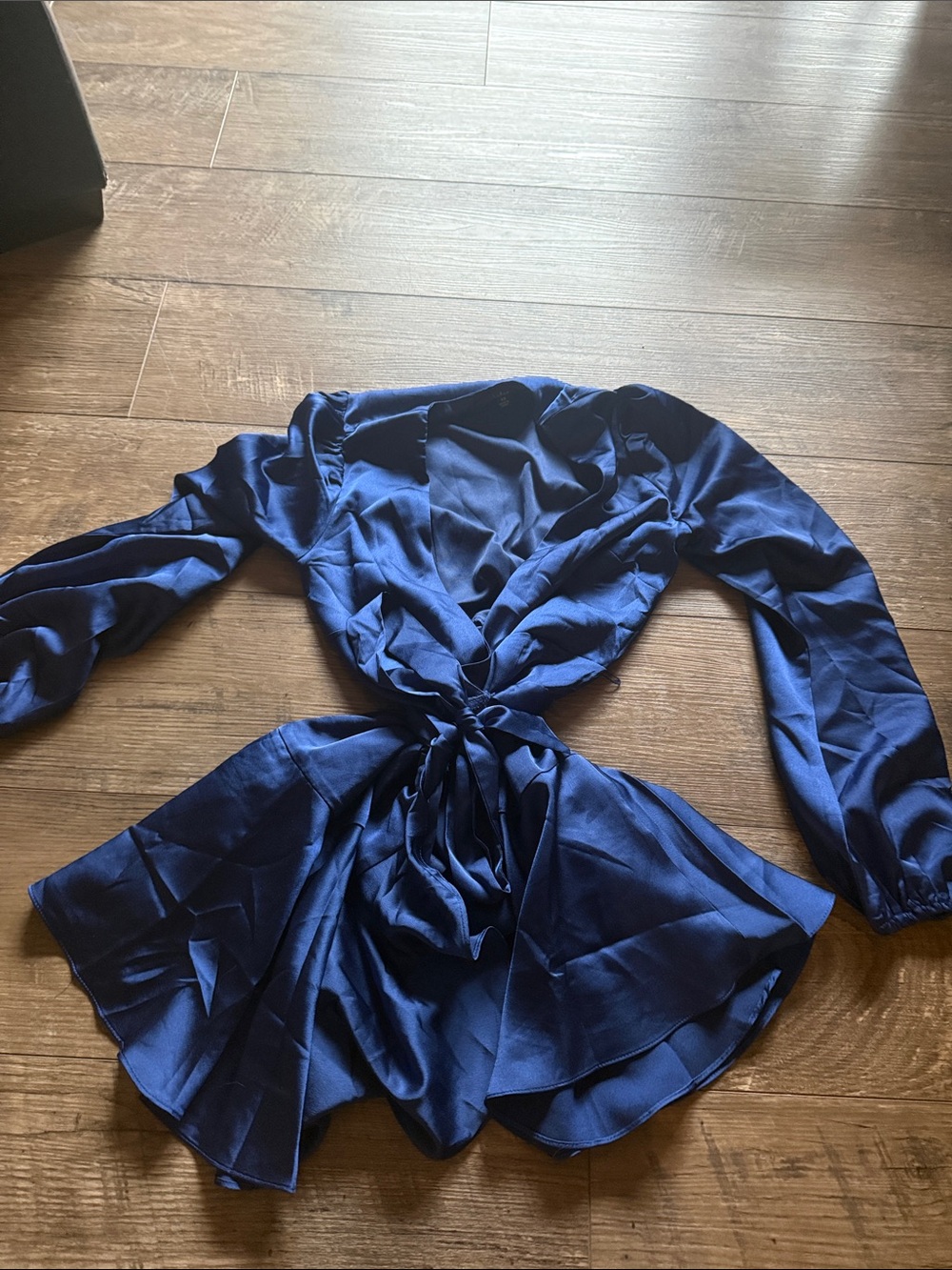 Lulu's Royal Blue Satin Tie-Front Peplum Long Sleeve Dress